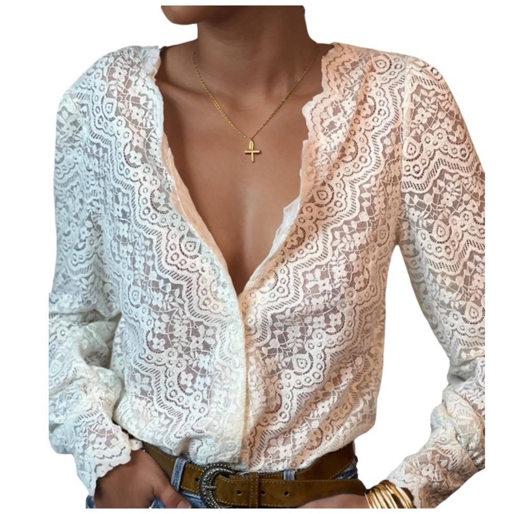 Dressy Lace Top Casual V Neck Button Down Shirt